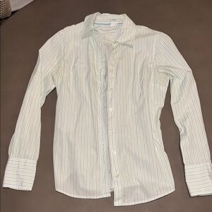 J. Crew Blue and Green Pin Striped Button Down Collared White Shirt
